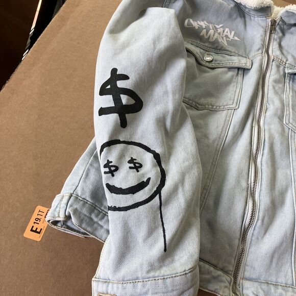 Boohoo Man Light Wash Denim Jacket with Graffiti Lining, Small Coat,‎ Full Zip - Picture 6 of 16